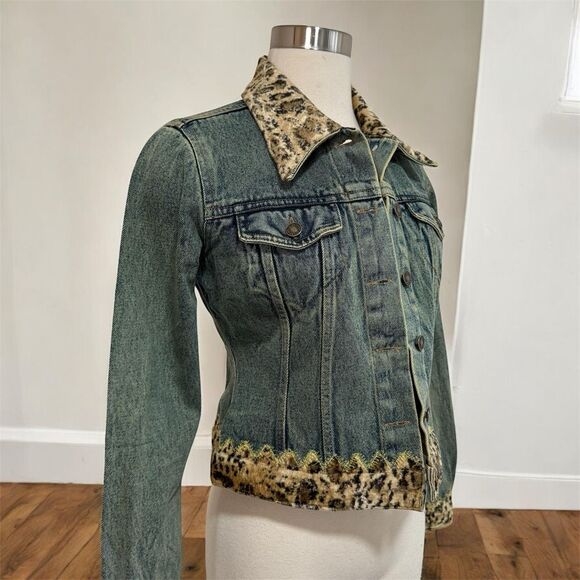 Newport News Vintage 90s Patchwork Denim Jean Jacket Coat Leopard Small 4 - Picture 2 of 6